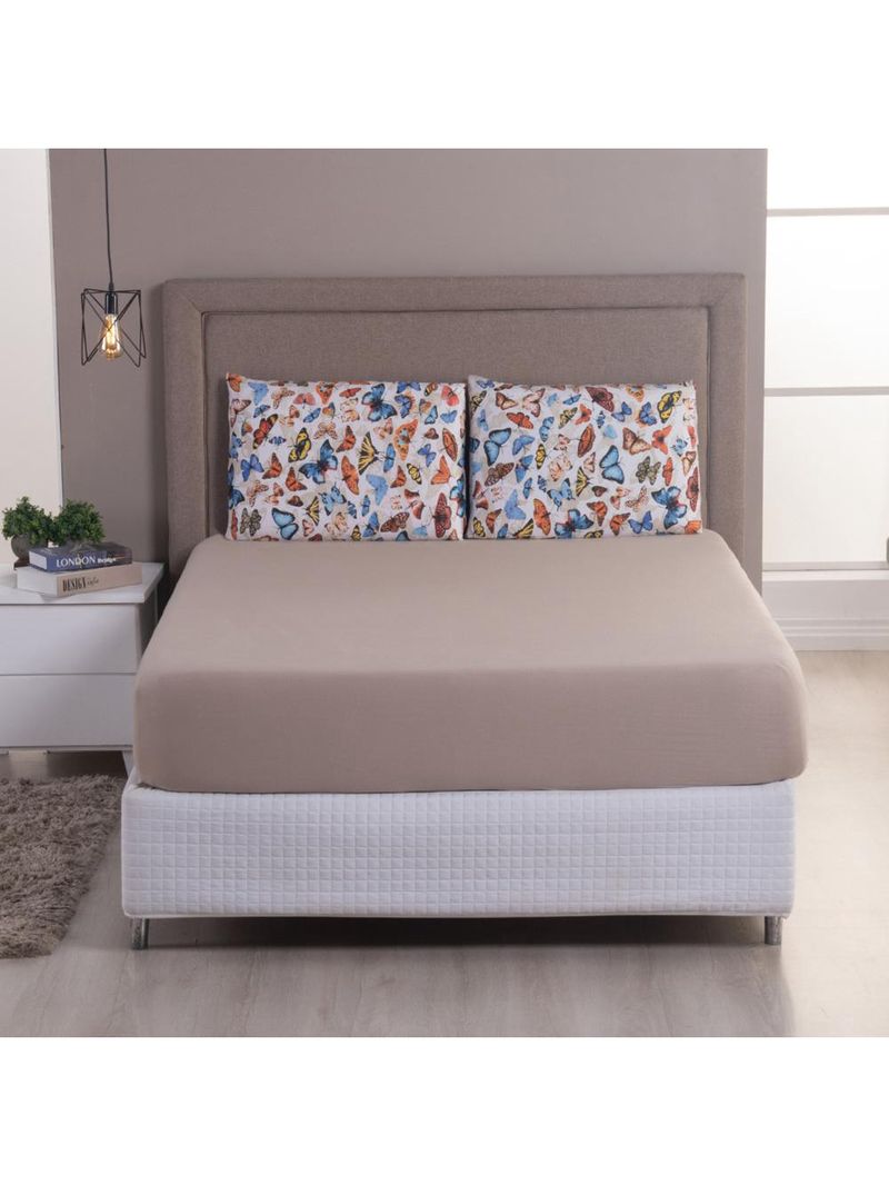 Jogo cama lençol sonnet king malha estampada 100% algodão 3 peças - borboletas - bege
