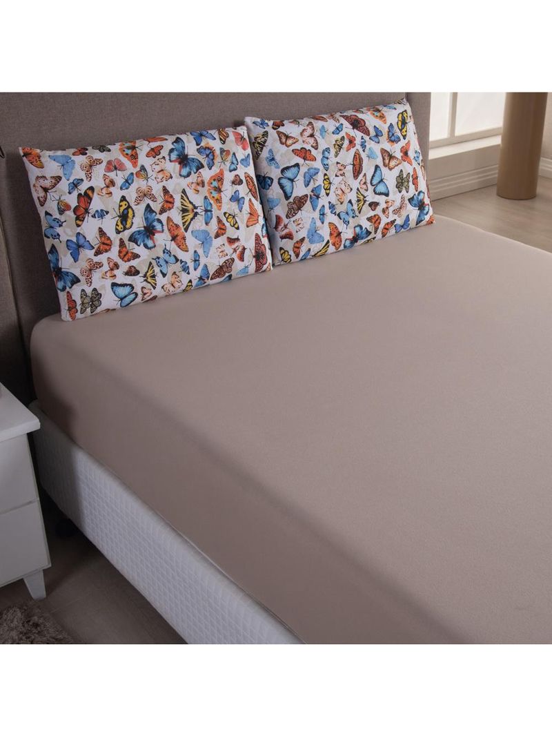 Jogo cama lençol sonnet king malha estampada 100% algodão 3 peças - borboletas - bege