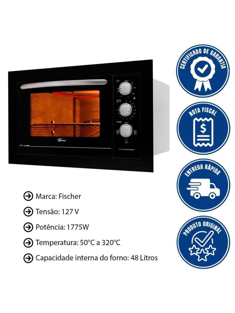 Kit Forno Elétrico 48l + Micro-ondas 25l Fischer Fit Line Embutir Preto 110V