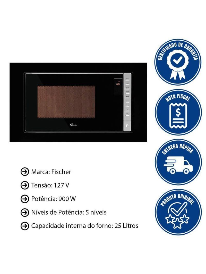 Kit Forno Elétrico 48l + Micro-ondas 25l Fischer Fit Line Embutir Preto 110V
