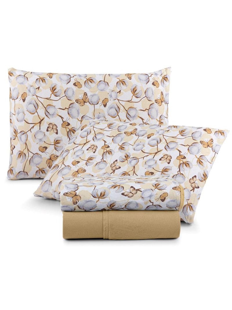 Jogo cama lençol sonnet king malha estampada 100% algodão 4 peças - borboleta - mostarda