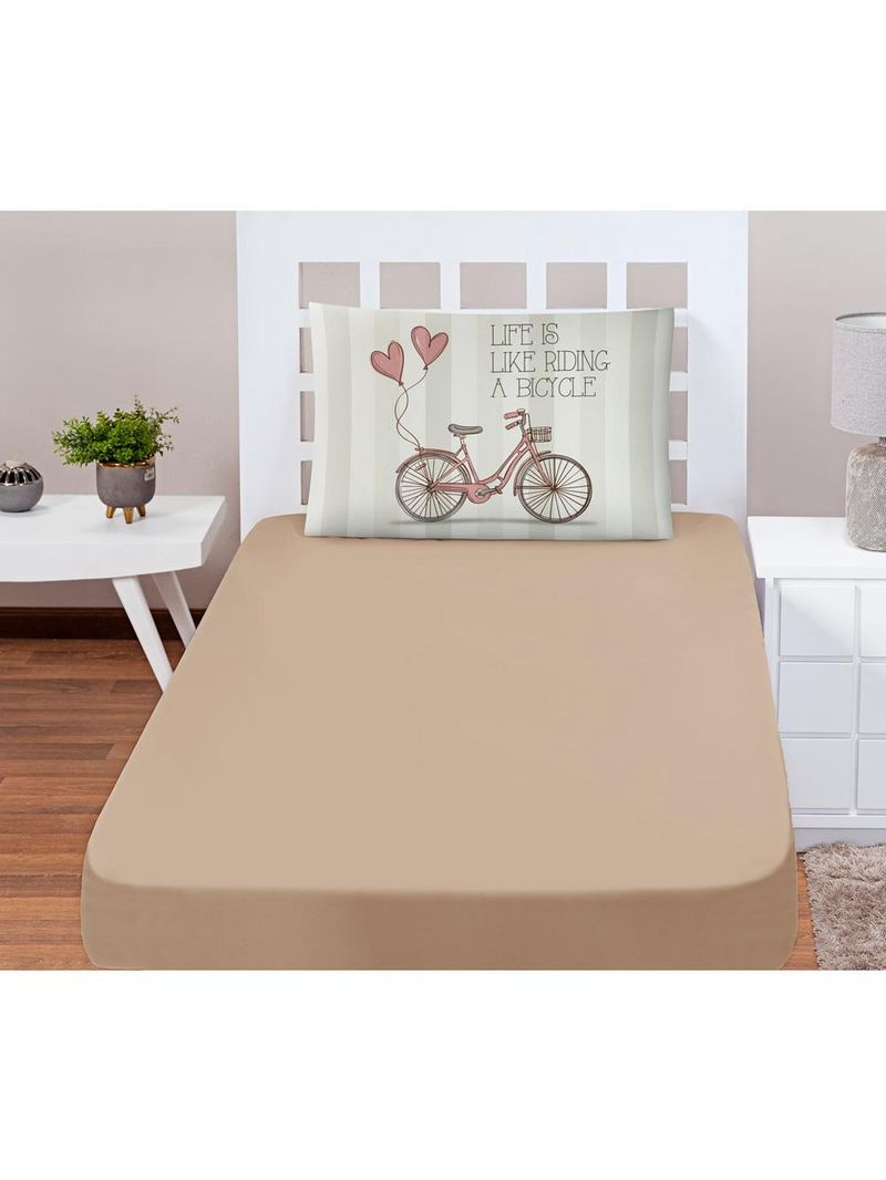 Jogo cama lençol shine solteiro microfibra 180 fios 2 peças - vintage bike bege