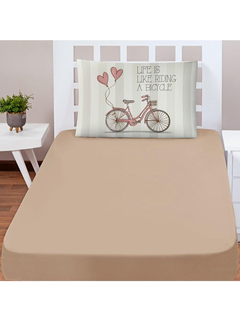 Jogo cama lençol shine solteiro microfibra 180 fios 2 peças - vintage bike bege