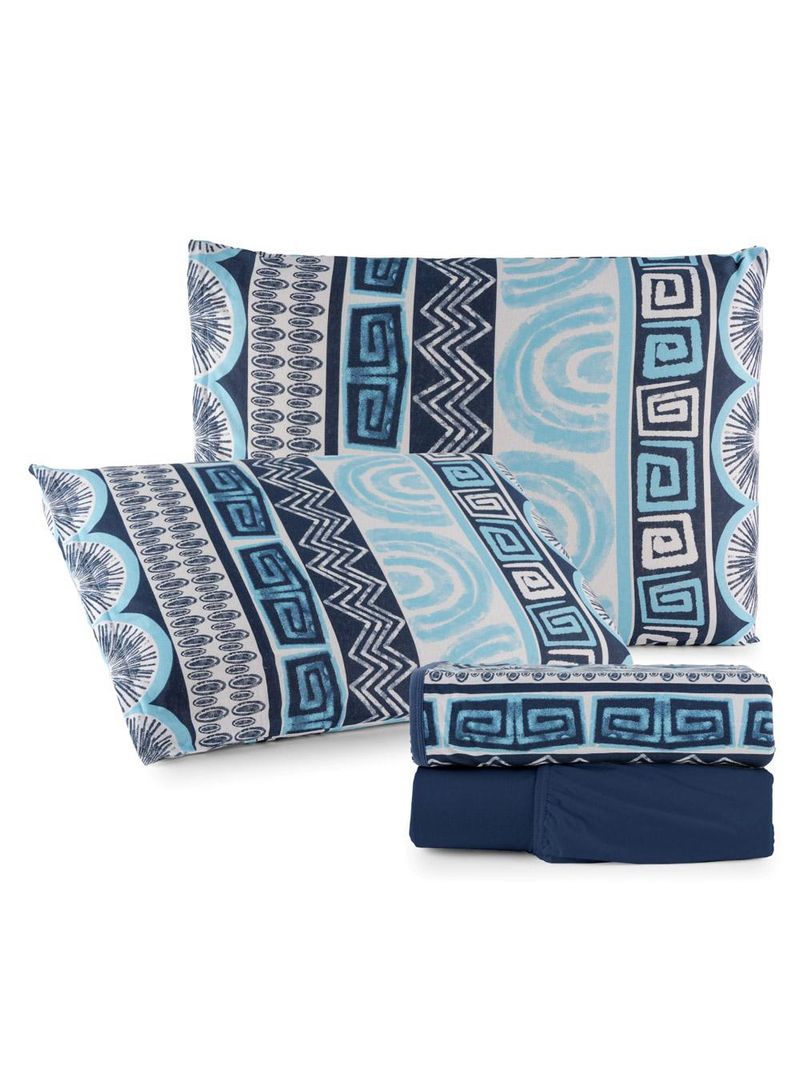 Jogo cama lençol sonnet king malha estampada 100% algodão 4 peças - geométrico - azul marinho