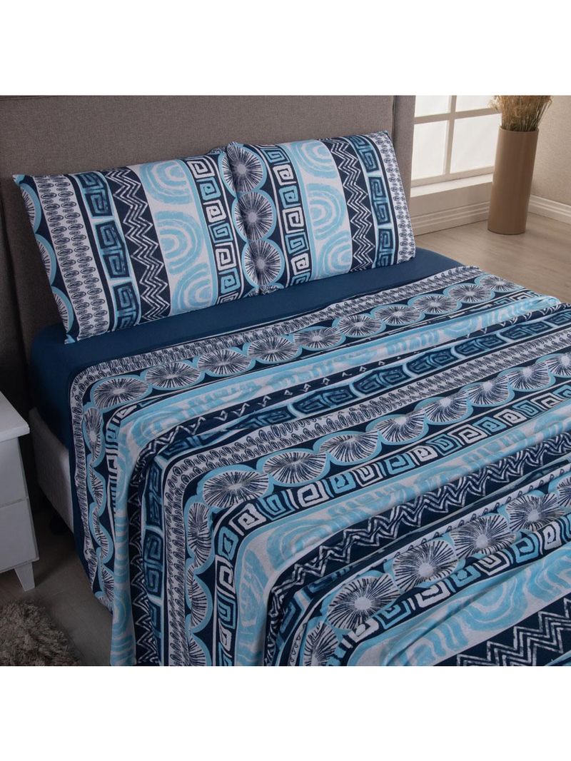 Jogo cama lençol sonnet king malha estampada 100% algodão 4 peças - geométrico - azul marinho