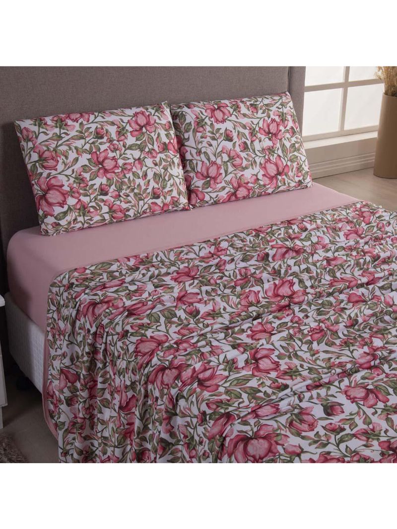 Jogo cama lençol sonnet casal padrão malha estampada 100% algodão 4 peças - flores - rosê