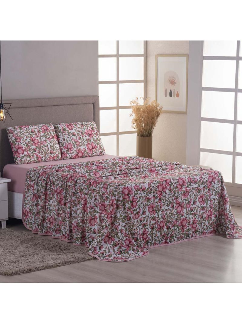 Jogo cama lençol sonnet casal padrão malha estampada 100% algodão 4 peças - flores - rosê