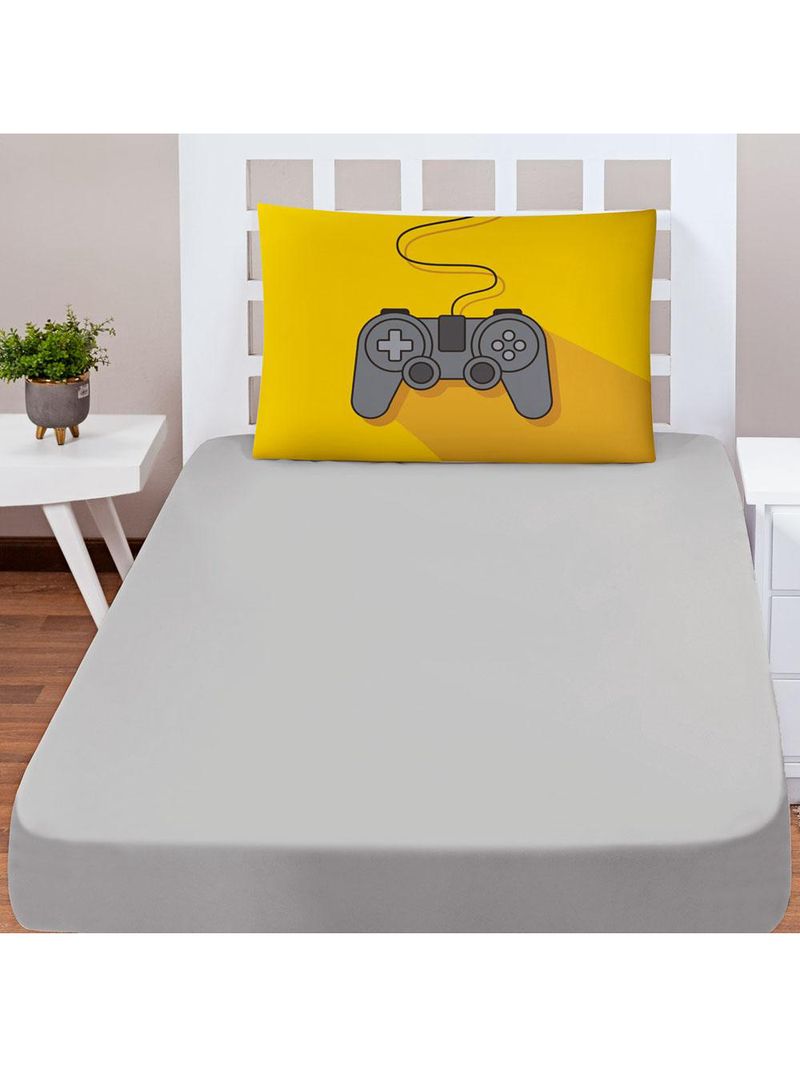 Jogo cama lençol shine solteiro microfibra 180 fios 2 peças - controle game cinza