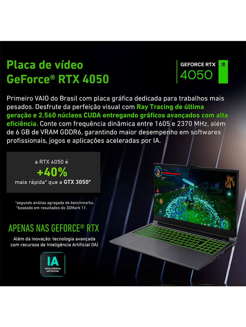 Notebook VAIO FH15 Intel® Core™ i7-13620H Windows 11 Home NVIDIA RTX 4050 32GB RAM 1TB SSD 15,6” Full HD WVA Wi-Fi 6