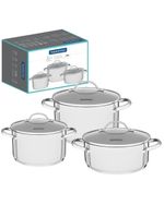 Jogo De Panelas Tramontina Una 3 Peças Em Aço Inox Com Fundo Triplo E Tampas De Vidro 65280070