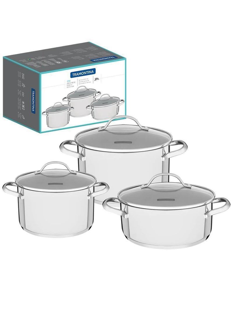 Jogo De Panelas Tramontina Una 3 Peças Em Aço Inox Com Fundo Triplo E Tampas De Vidro 65280070