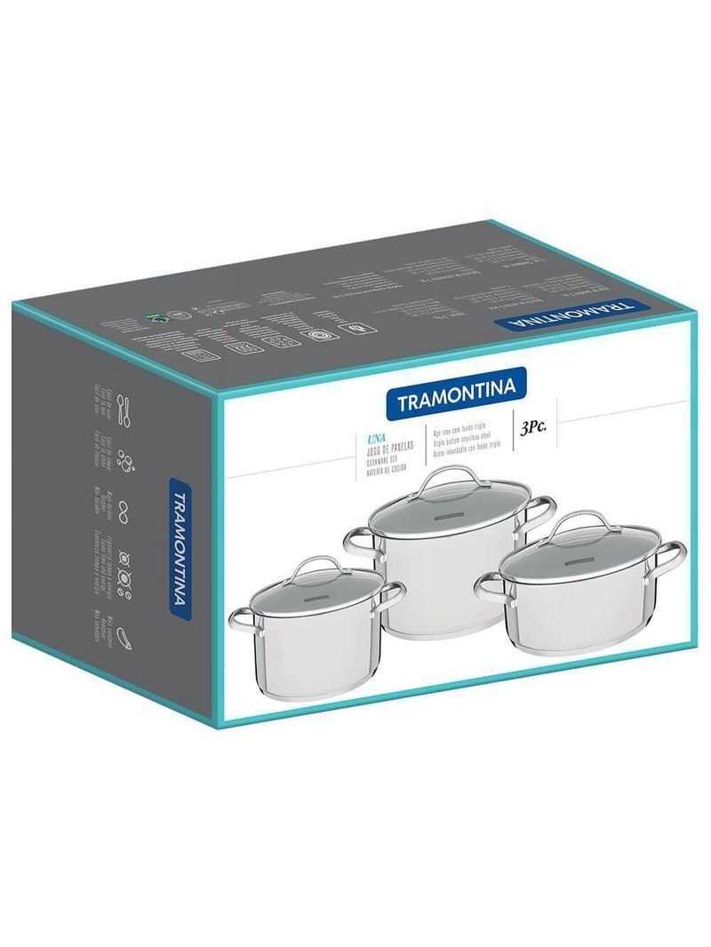 Jogo De Panelas Tramontina Una 3 Peças Em Aço Inox Com Fundo Triplo E Tampas De Vidro 65280070
