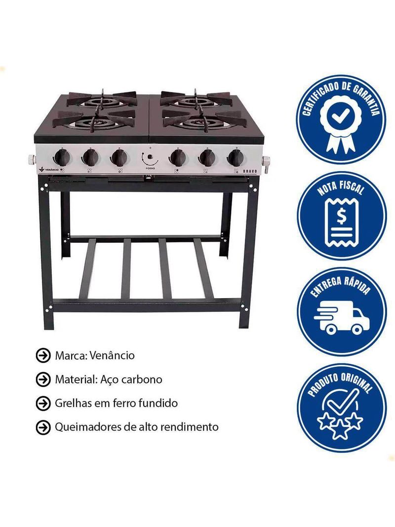 Fogão Industrial Venâncio A Gás Bravo 4 Bocas Cinza Esmaltado Br4b