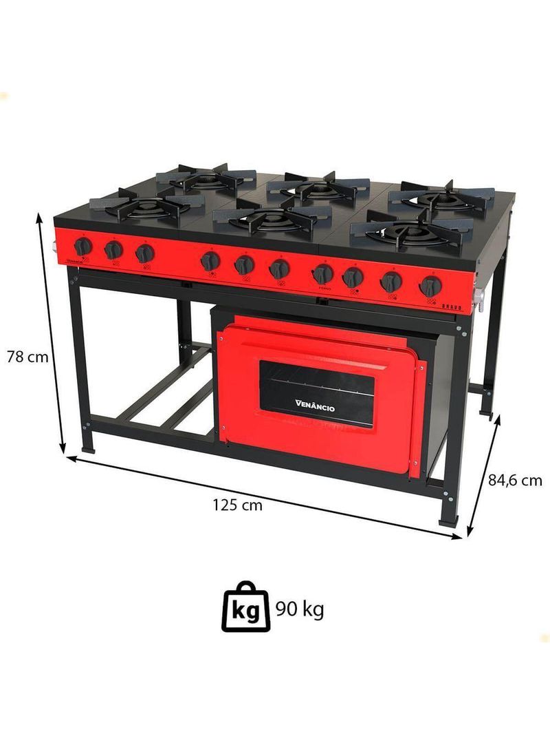 Fogão Industrial Venâncio A Gás Bravo 6 Bocas Com Forno Vermelho Br6bfvm