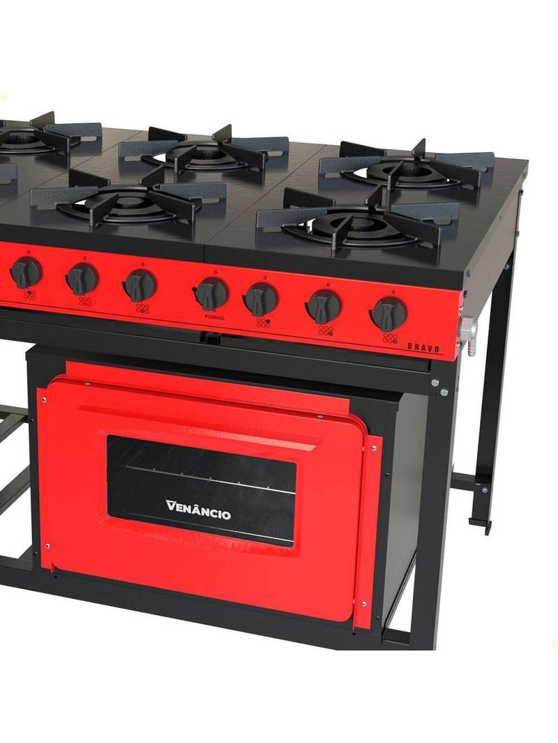 Fogão Industrial Venâncio A Gás Bravo 6 Bocas Com Forno Vermelho Br6bfvm