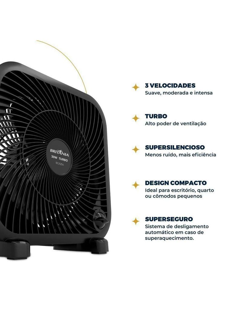 Ventilador circulador de ar britânia bca25a com 3 velocidades e 30w de potência – preto