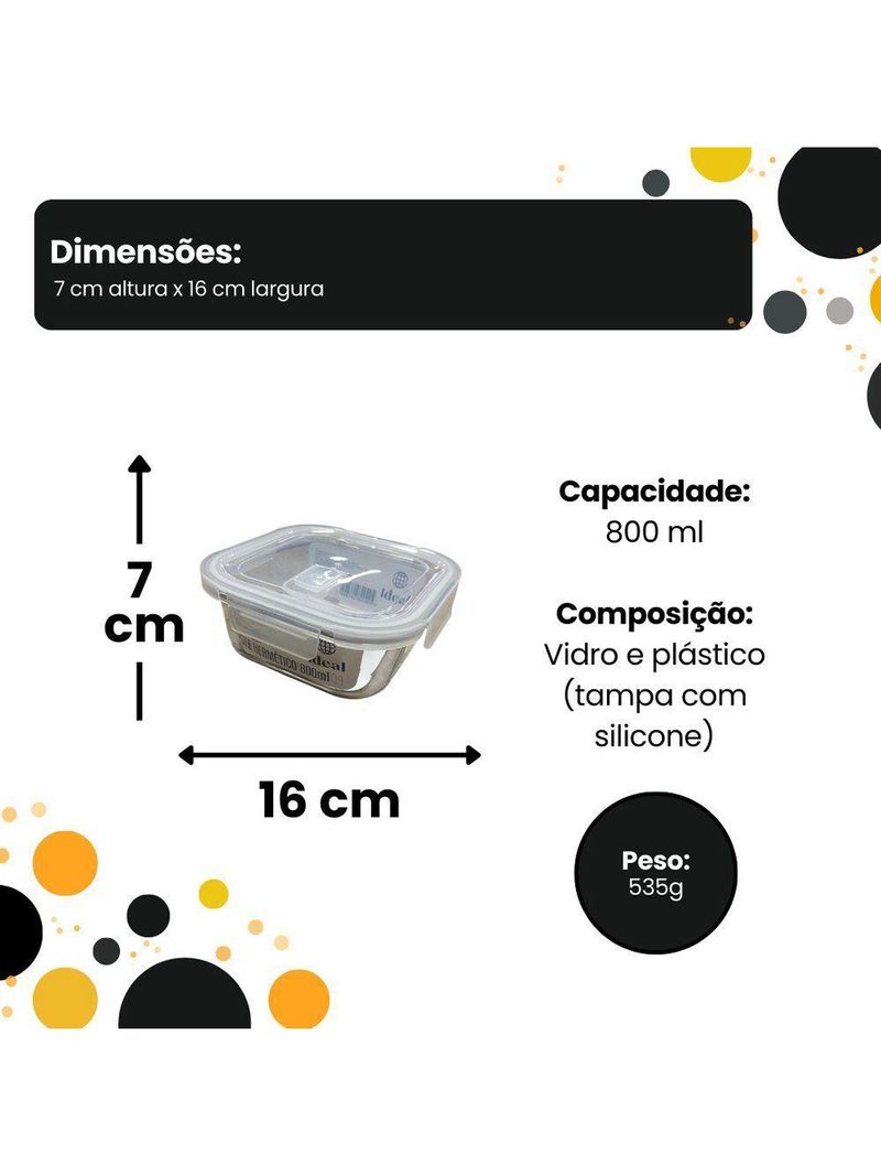 Pote Hermético De Vidro Quadrado 800 Ml Vasilha Com Tampa Mantimentos Marmitex Microondas Freezer