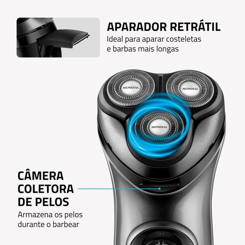 Barbeador Elétrico Mondial Power Shave 3 Lâminas Duplas 5w Be-02 Preto/prata Bivolt