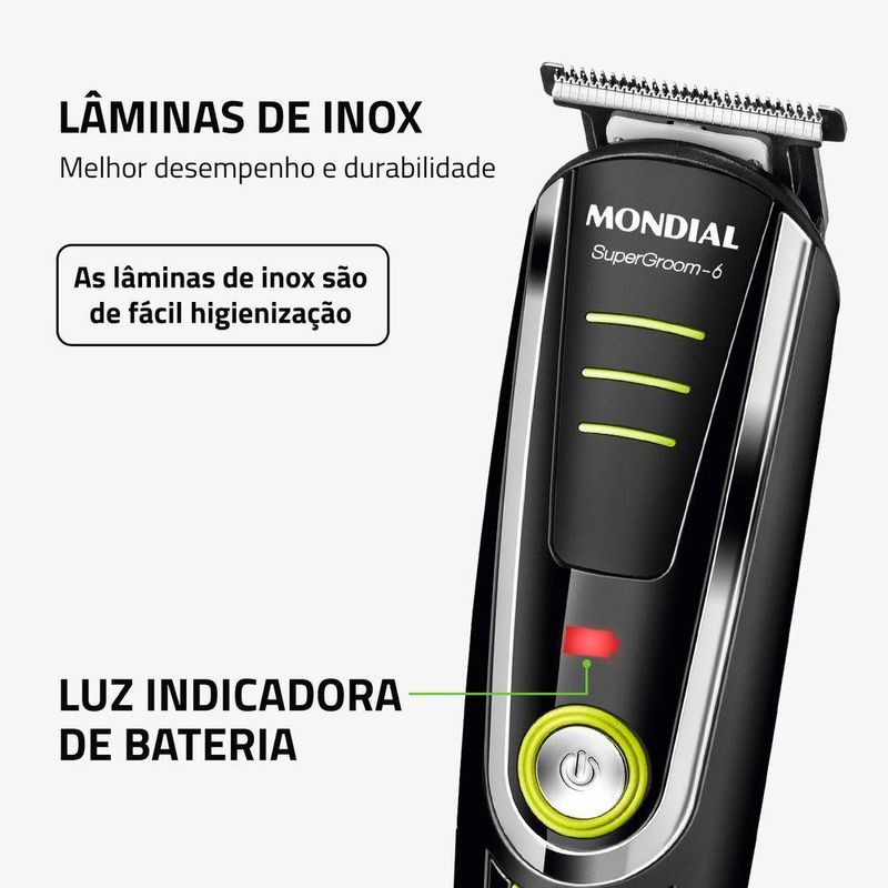 Aparador De Pelos Mondial Super Groom Lâminas Em Aço Inox 6w Bg-04 Preto/verde Bivolt