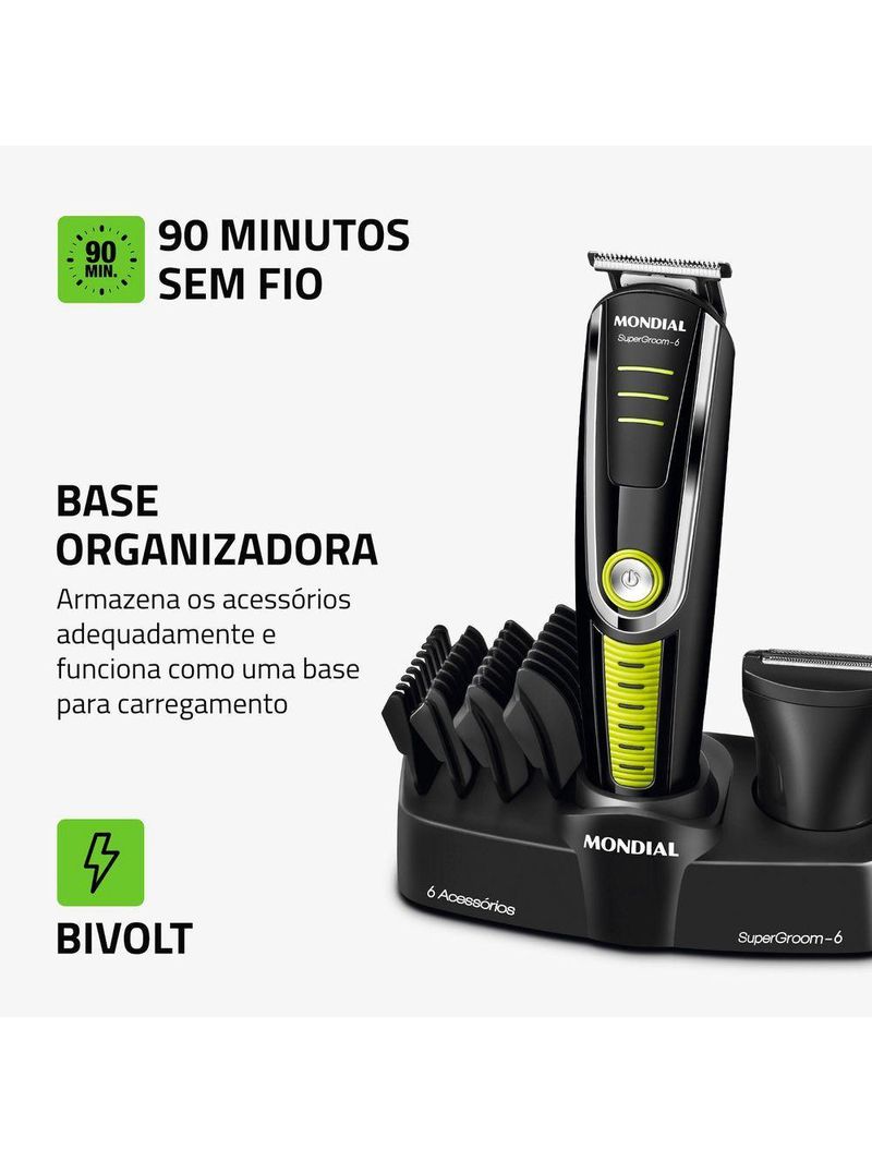 Aparador De Pelos Mondial Super Groom Lâminas Em Aço Inox 6w Bg-04 Preto/verde Bivolt