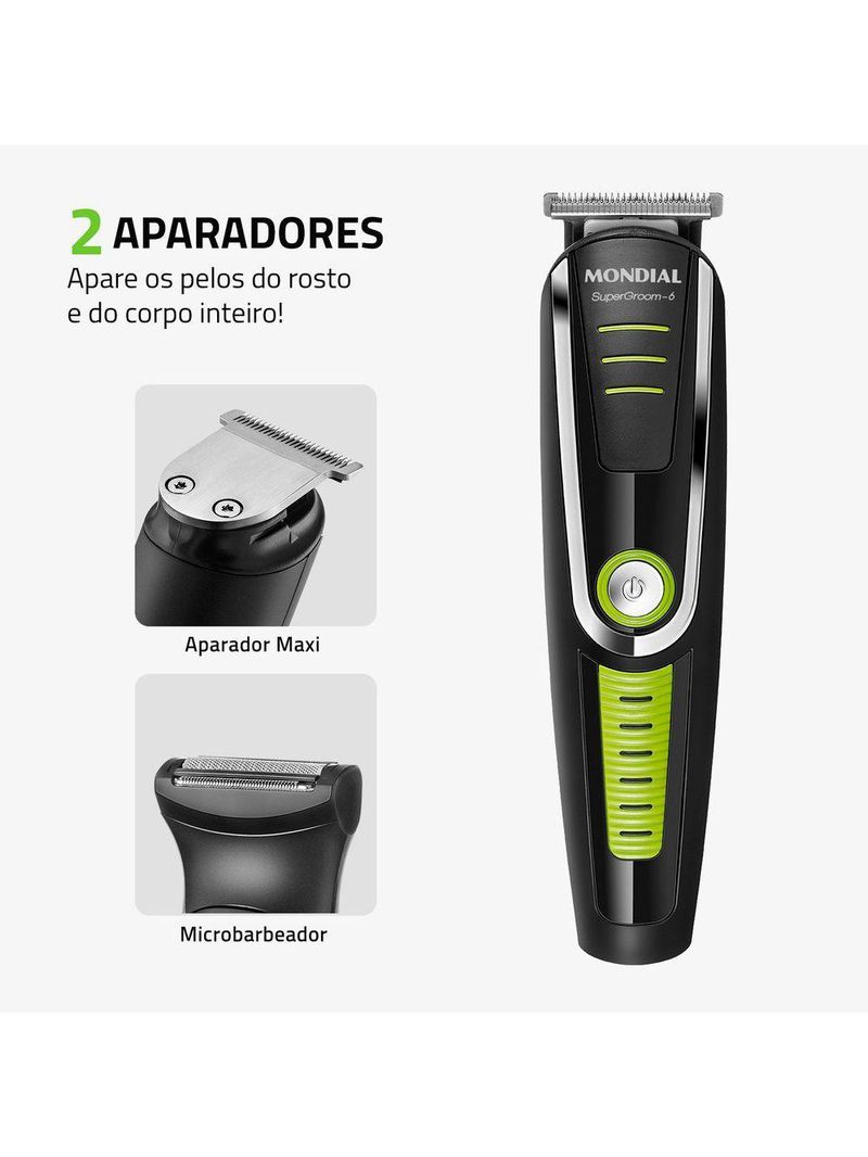 Aparador De Pelos Mondial Super Groom Lâminas Em Aço Inox 6w Bg-04 Preto/verde Bivolt