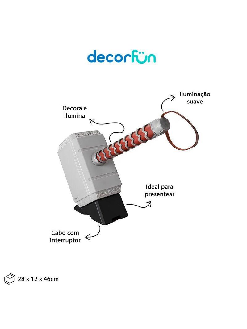 Luminária 3d Marvel Martelo Thor Decoração Geek Temática Realista