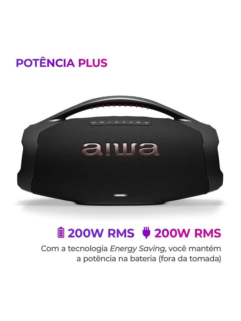 Caixa de som aiwa boombox plus com 3 alto-falantes bivolt e com proteção ip66 contra Água e poeira aws-bbs-01b - 200w