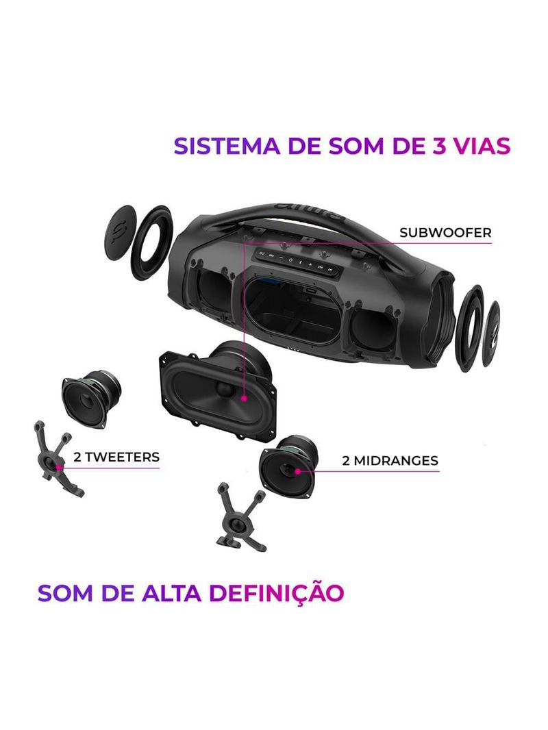 Caixa de som aiwa boombox plus com 3 alto-falantes bivolt e com proteção ip66 contra Água e poeira aws-bbs-01b - 200w