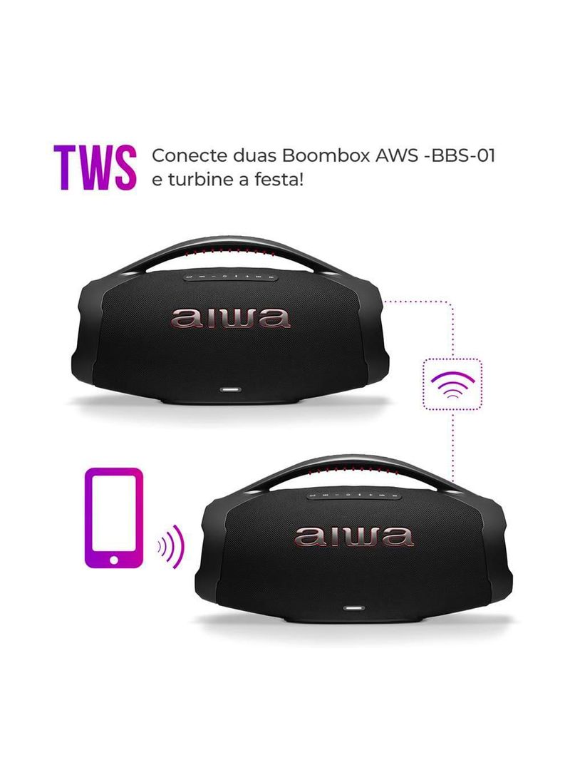 Caixa de som aiwa boombox plus com 3 alto-falantes bivolt e com proteção ip66 contra Água e poeira aws-bbs-01b - 200w