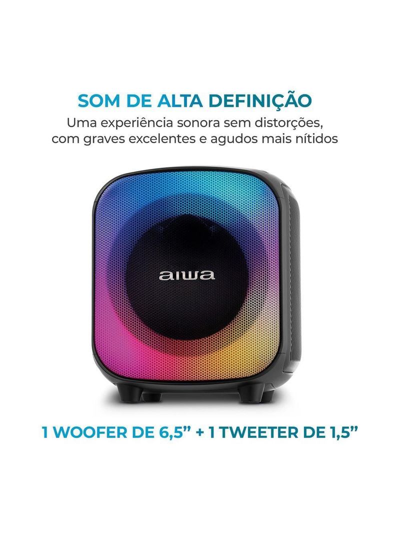 Caixa de som partybox aiwa pb-07 com bluetooth, iluminação rgb, entrada usb, entrada para cabo auxiliar e entrada para micro sd - 100w rms - bivolt