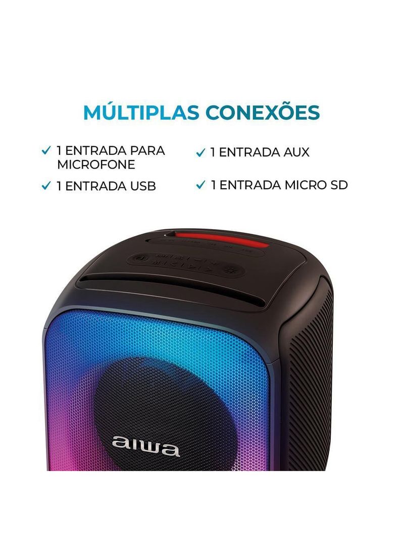 Caixa de som partybox aiwa pb-07 com bluetooth, iluminação rgb, entrada usb, entrada para cabo auxiliar e entrada para micro sd - 100w rms - bivolt