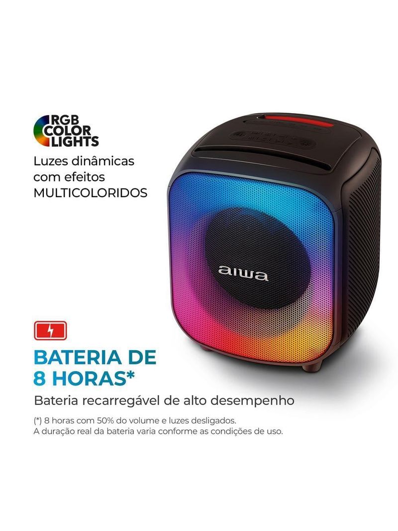 Caixa de som partybox aiwa pb-07 com bluetooth, iluminação rgb, entrada usb, entrada para cabo auxiliar e entrada para micro sd - 100w rms - bivolt