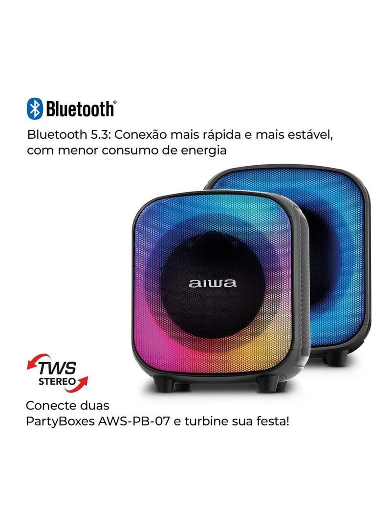 Caixa de som partybox aiwa pb-07 com bluetooth, iluminação rgb, entrada usb, entrada para cabo auxiliar e entrada para micro sd - 100w rms - bivolt