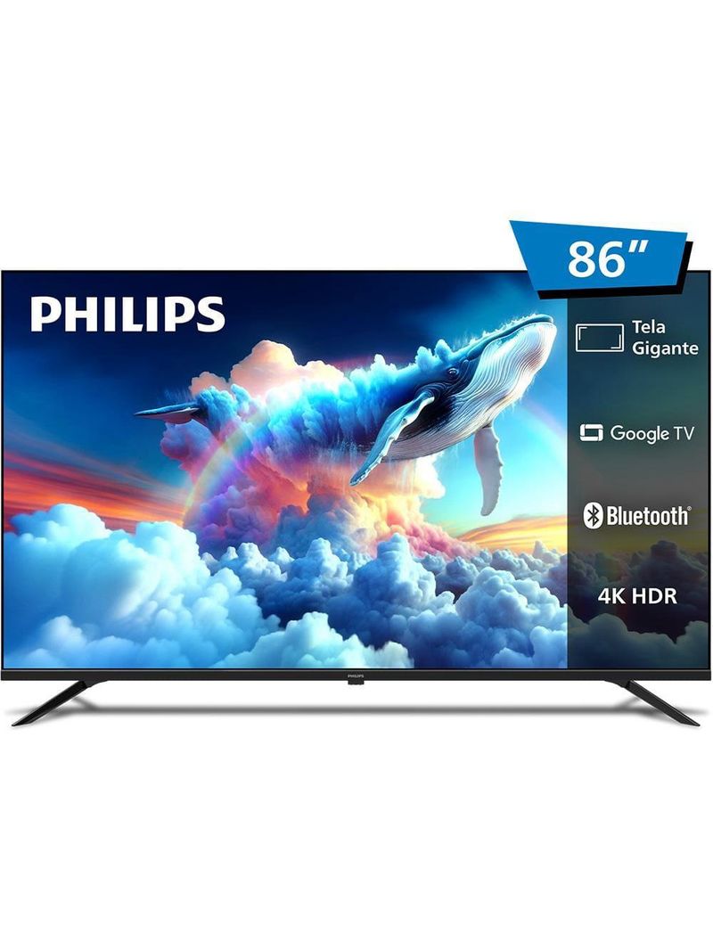 Smart tv led 86" ultra hd 4k philips 86pug7019/78 com google tv, comando de voz, wi-fi, entradas hdmi e usb