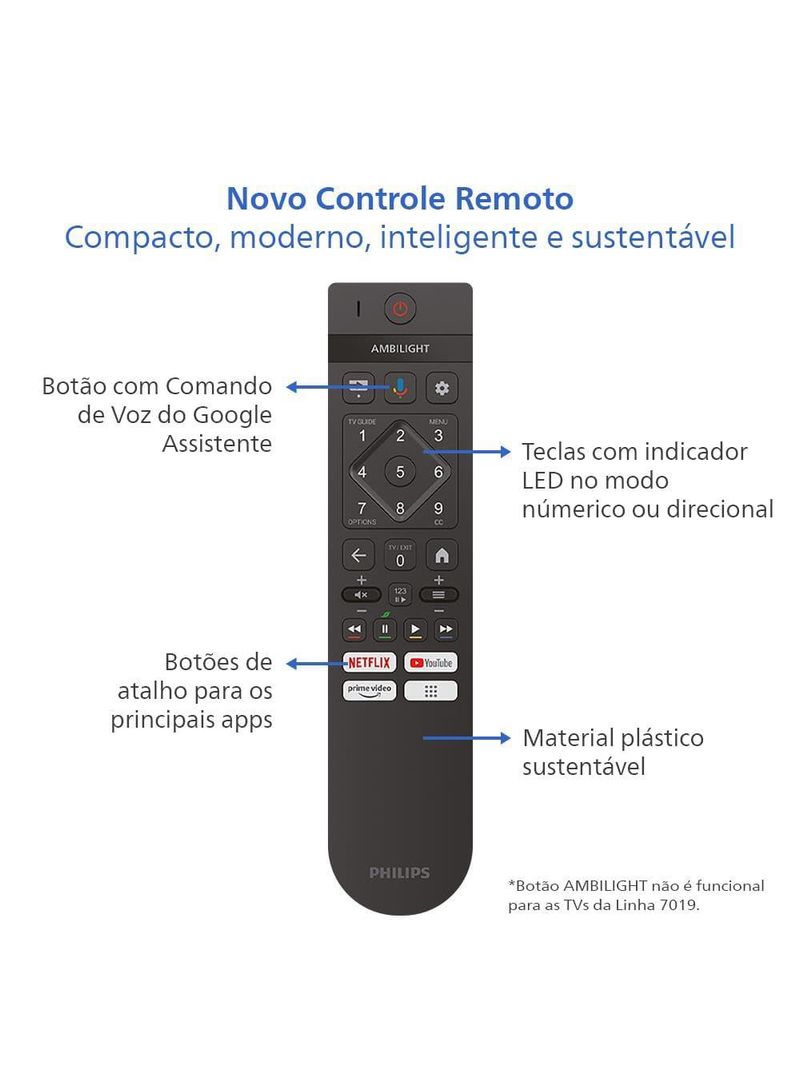 Smart tv led 86" ultra hd 4k philips 86pug7019/78 com google tv, comando de voz, wi-fi, entradas hdmi e usb