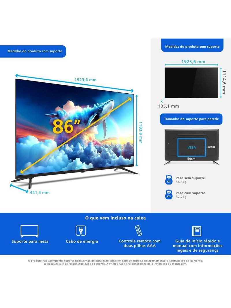 Smart tv led 86" ultra hd 4k philips 86pug7019/78 com google tv, comando de voz, wi-fi, entradas hdmi e usb