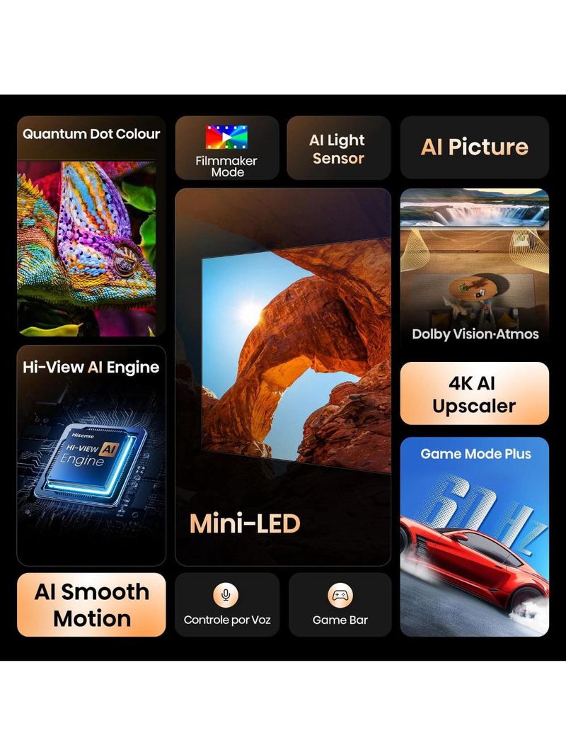 Smart tv 65” 4k uhd hisense uled miniled 65u6qv vidaa u9 hdr10 dolby atmos preta