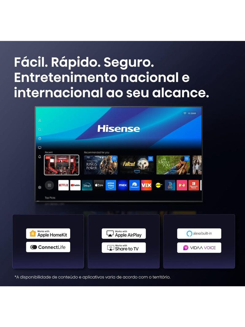 Smart tv 65” 4k uhd hisense uled miniled 65u6qv vidaa u9 hdr10 dolby atmos preta