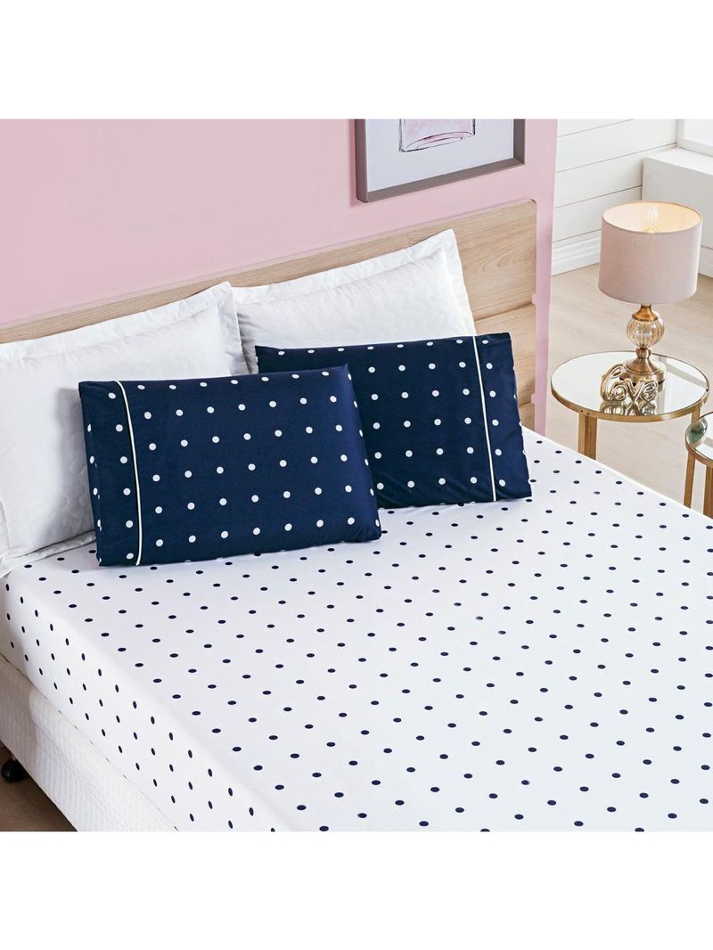Jogo cama lençol meggy poá king bolinhas micropercal 200 fios 3 peças - azul marinho