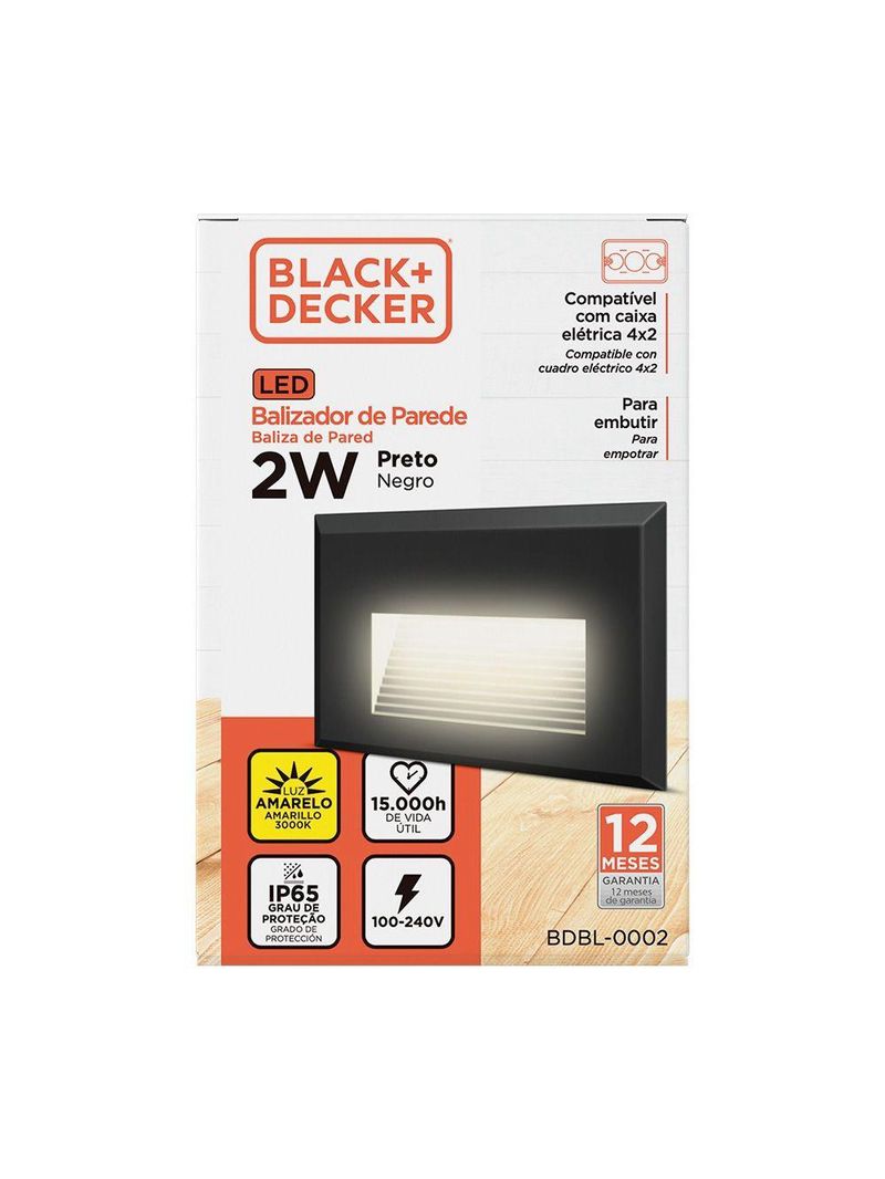 Balizador de parede embutir preto biv 3000k 2w black+decker