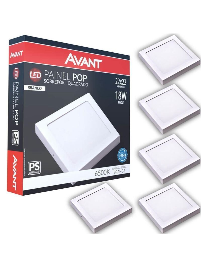 Kit 5 Plafon Painel De Led Avant Pop 18w Branco 6500k 1080 Lúmens Quadrado De Sobrepor 22x22cm Bivol