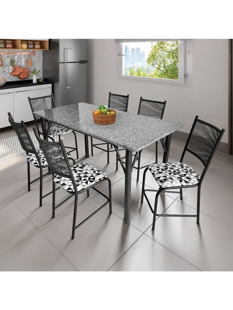 Mesa de jantar retangular famais noruega com 6 cadeiras tampo de granito preta