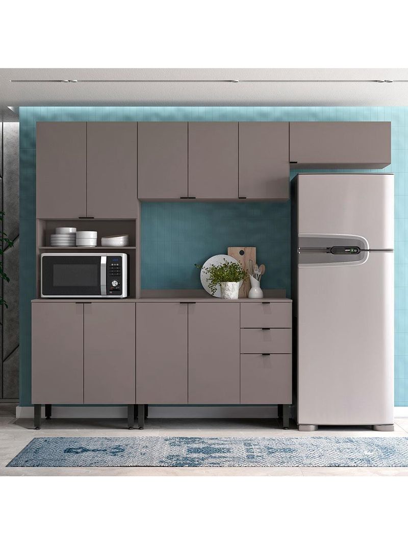 Cozinha completa bartira joy com 11 portas, 2 gavetas, 5 prateleiras e nicho para micro-ondas - 244,5cm de largura