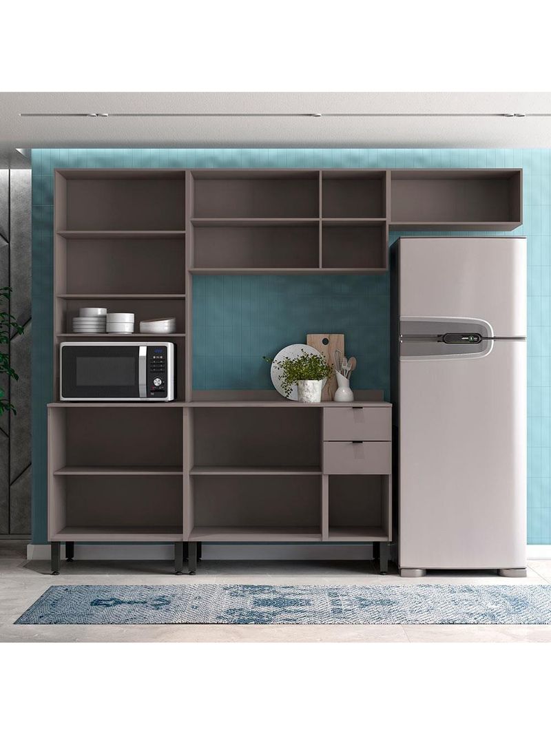 Cozinha completa bartira joy com 11 portas, 2 gavetas, 5 prateleiras e nicho para micro-ondas - 244,5cm de largura