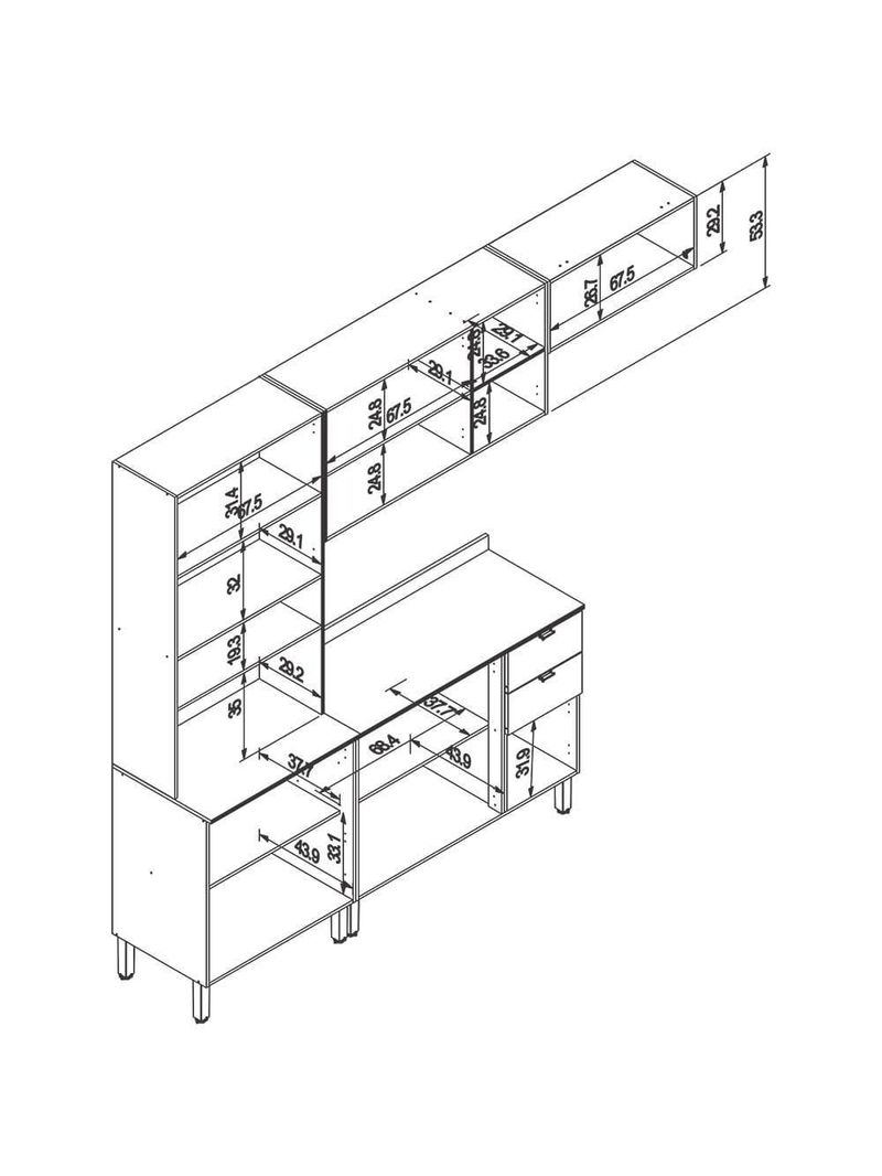 Cozinha completa bartira joy com 11 portas, 2 gavetas, 5 prateleiras e nicho para micro-ondas - 244,5cm de largura