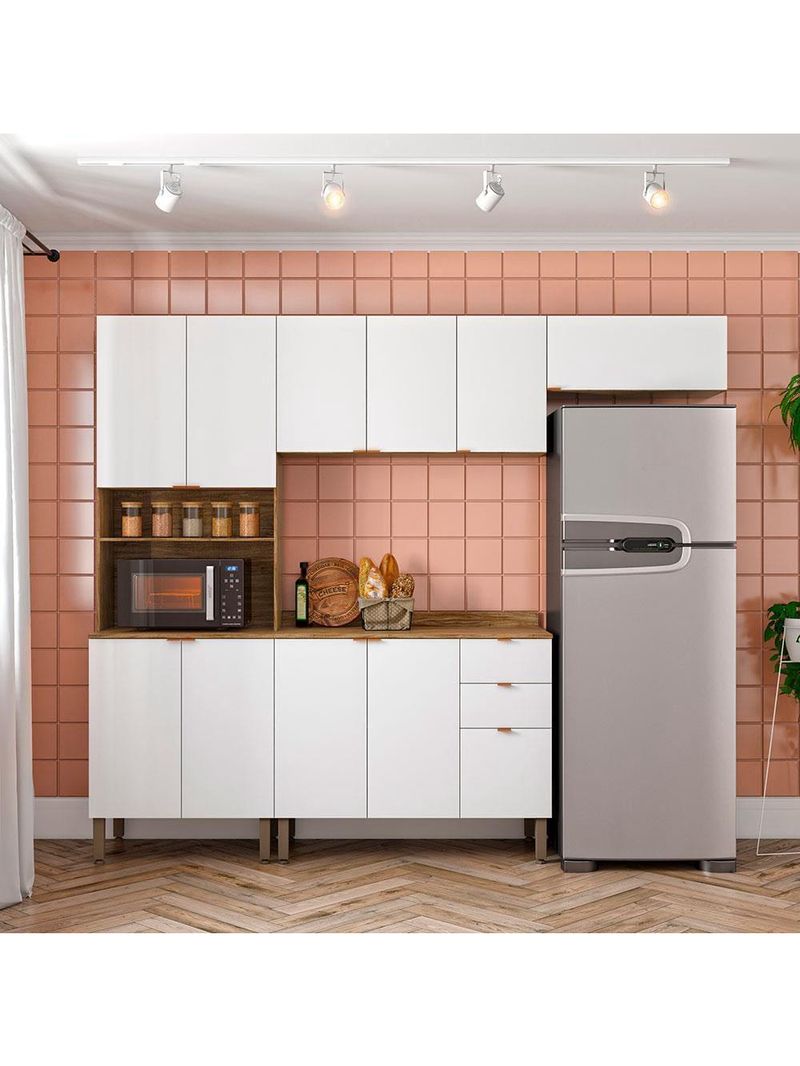 Cozinha completa bartira joy com 11 portas, 2 gavetas, 5 prateleiras e nicho para micro-ondas - 244,5cm de largura