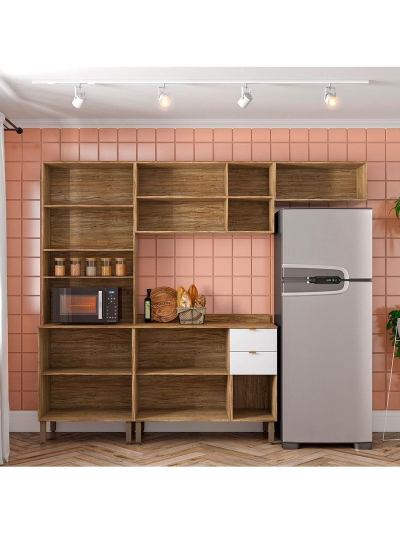 Cozinha completa bartira joy com 11 portas, 2 gavetas, 5 prateleiras e nicho para micro-ondas - 244,5cm de largura