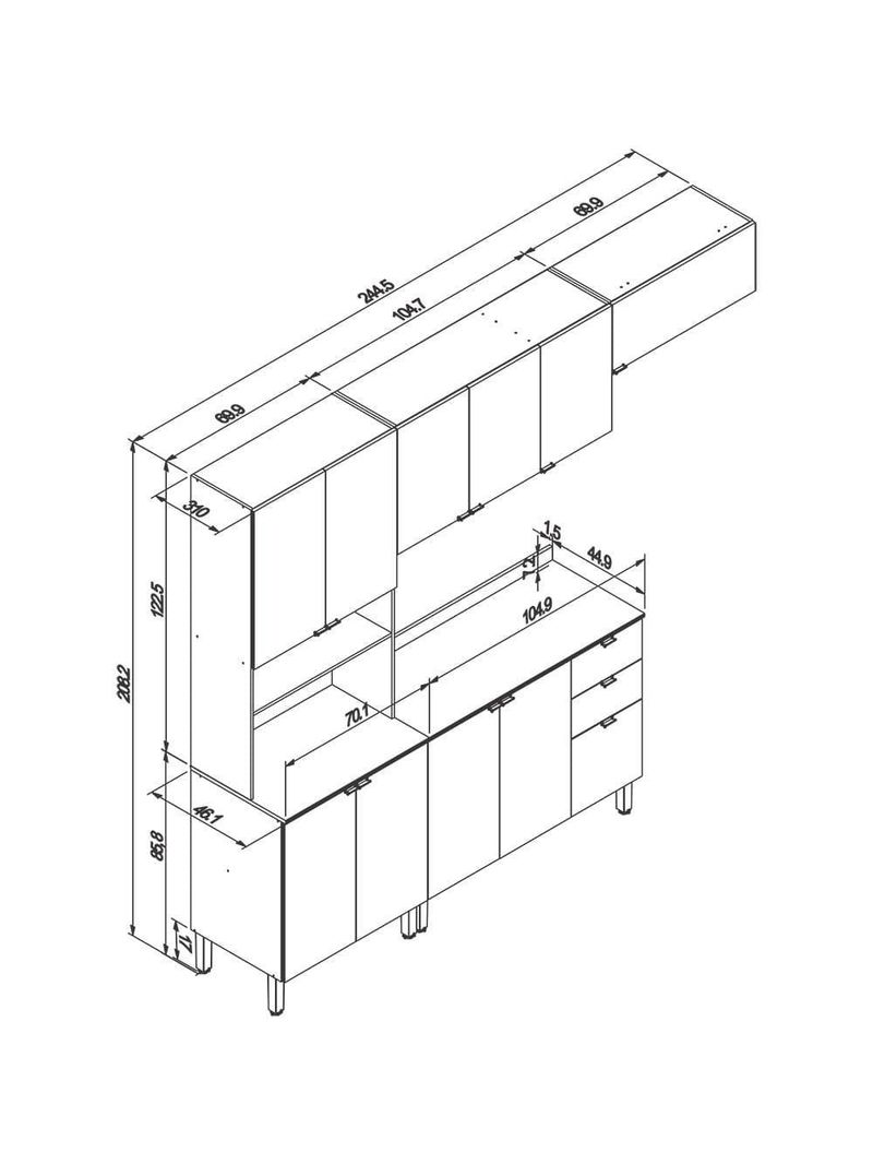 Cozinha completa bartira joy com 11 portas, 2 gavetas, 5 prateleiras e nicho para micro-ondas - 244,5cm de largura