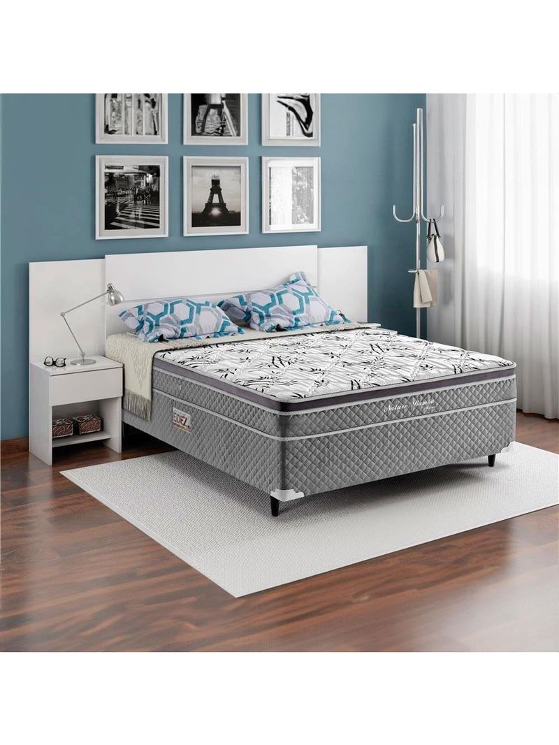 Cama box conjugada casal herval nature bambu com pillow inn e molas bonnel 56x138x188cm - preta e cinza