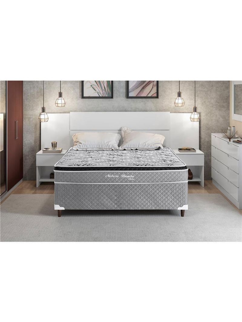 Cama box conjugada casal herval nature bambu com pillow inn e molas bonnel 56x138x188cm - preta e cinza